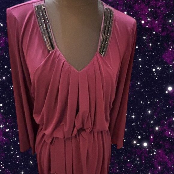 Badgley Mischka PLUM Draped Dress w/ V-Neck Embellished Beading w/Belt ( L ) NWT - Picture 3 of 16